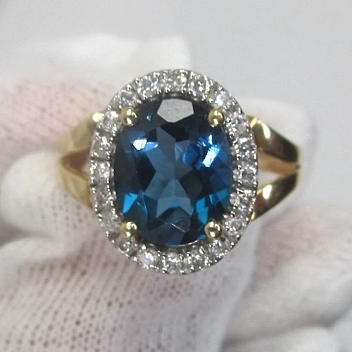 Halo de diamantes centrales de topacio azul y oro amarillo de 14k vintage con piedras reales talla 7 Foto 2 de 4