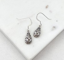 Vintage 925 Sterling Silver Filigree Heart Teardrop Dangle Earrings