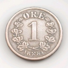 1884 Norway 1 Ore Bronze Coin Good Grade