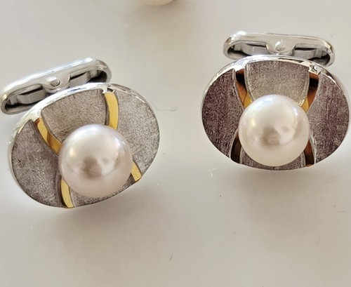 Designer 1960's 18K Gold & Sterling Silver with 8.5mm Pearl Cufflinks & Tie Pin - Picture 4 of 11
