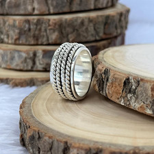 Braided 925 Sterling Silver Band Ring   Wide Boho Statement Ring All Size