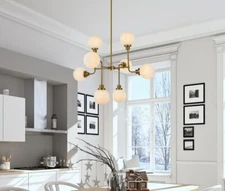 Chandelier Frosted Glass Shades Brass Foyer Living Dining Room or Kitchen Island