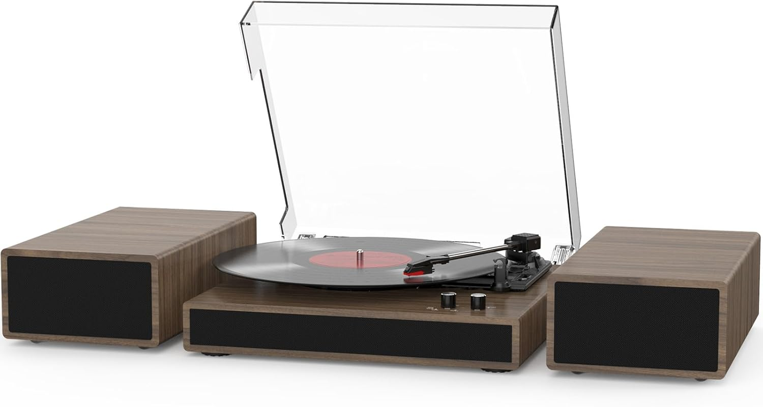 Vintage Vinyl Record Player with Dual Stereo Bookshelf Speakers and Bluetooth-image