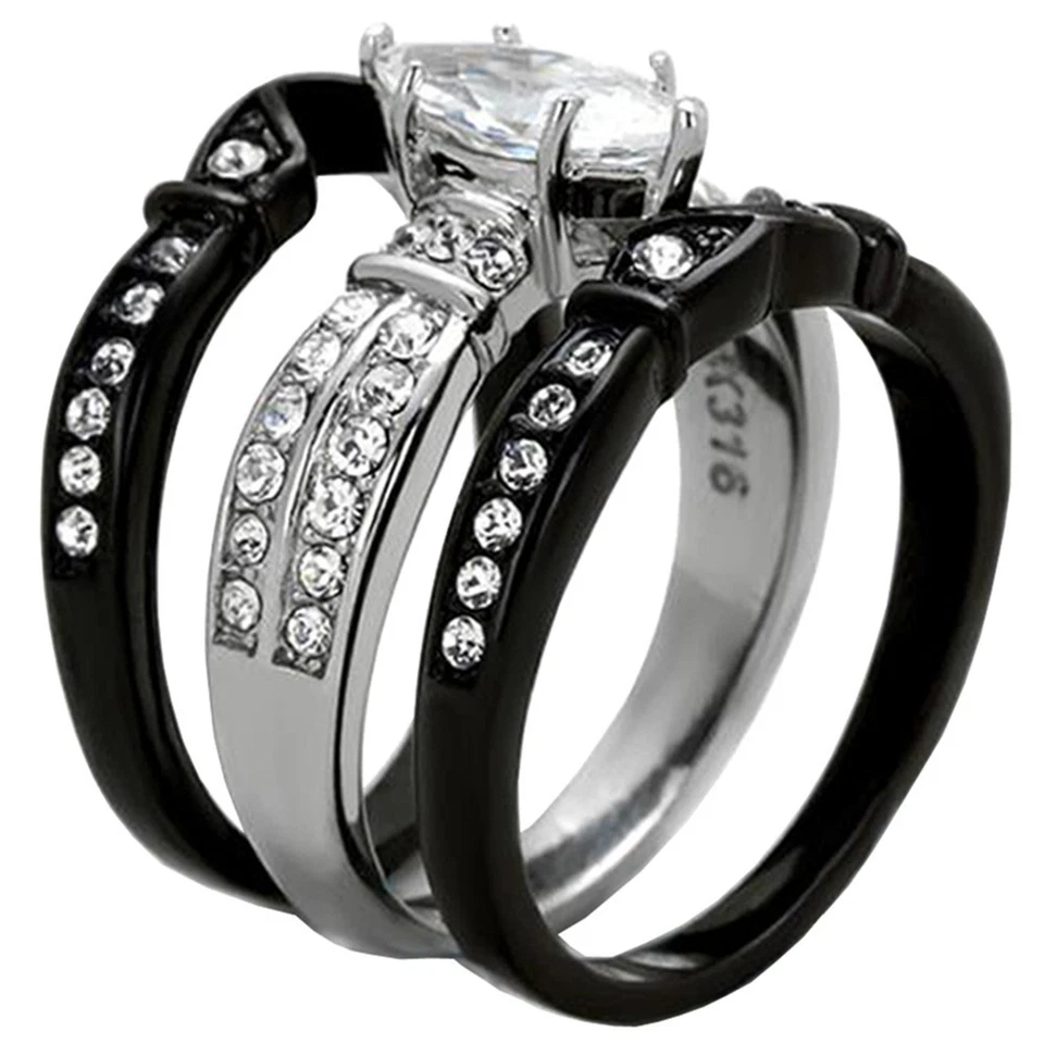 Juego de anillos de boda de acero inoxidable negro con circonita cúbica corte marquesa de 2,50 quilates para mujer talla 5-11 Foto 3 de 4