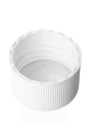 White 24-410 Cap (500 count) PP, Ribbed Skirt Lid  w/HIS for PET only