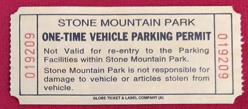 Early 2000's Stone Mountain Georgia, Memorial Park, One time Parking Pass