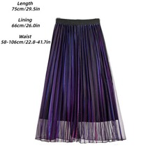Damen Metallisch Netz Rock Funkelnde Laser A-Linie Plissiert Luftschlange Midi