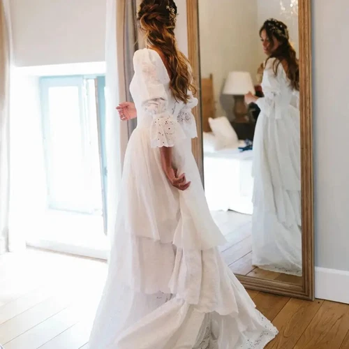 Vintage White Wedding Dresses Floral Sleeve Ruffle Tiered Lace Skirt Bridal Gown - Picture 3 of 12