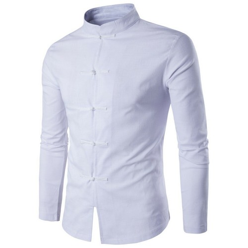 Camisa estilo chino para hombre ajustada cuello alto blusas top lino vestido informal - Imagen 13 de 13