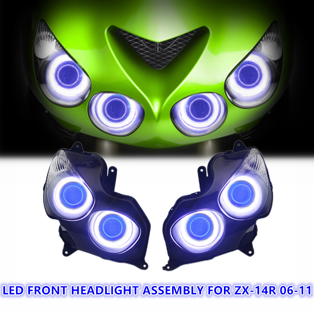 2X LED Headlights for Kawasaki ZX14R ZZR1400 06-11 Angel Halo Demon Eyes Blue