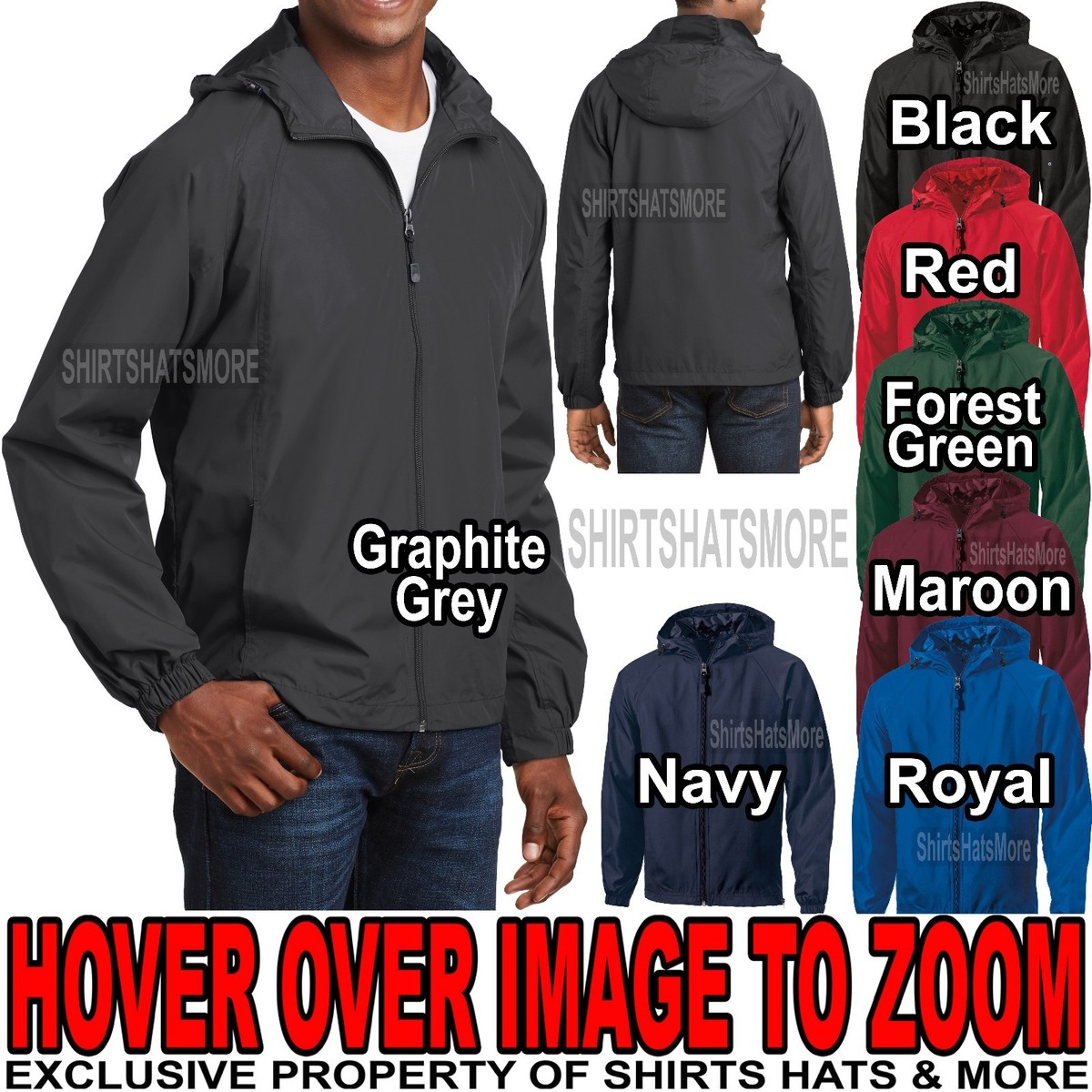 Mens Hooded Zip Front Jacket Pockets Windbreaker Water Resistant