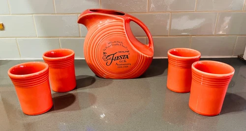 5pc. Fiesta Ware Persimmon 60th Anniversary Disc Pitcher/Tumblers Set MINT