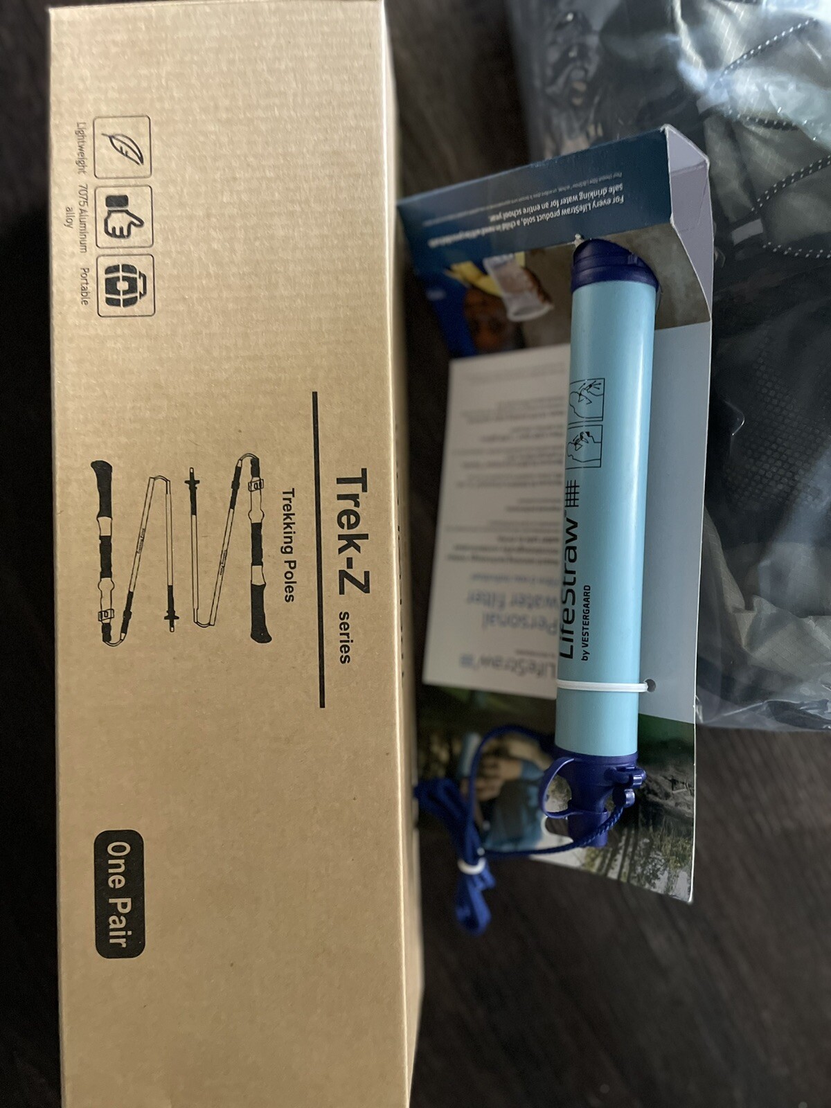 Hiking Gear Equipment- Miracole Backpack, life straw, trek-z hiking poles
