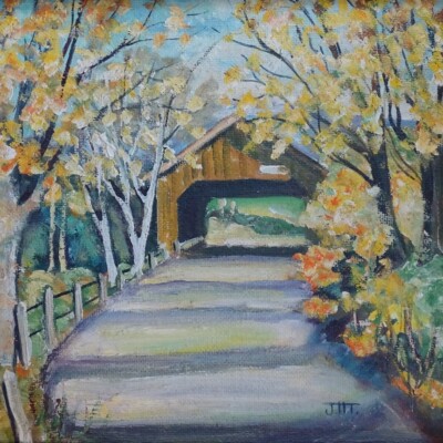 Old Autumn Landscape Oil Painting Fall Foliage Covered Bridge Trees Signed J.T.
