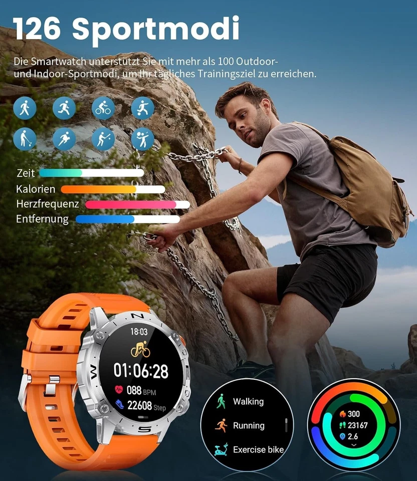 Smartwatch Herren Telefonfunktion Armbanduhr Watch für Samsung iPhone Huawei Tab - Bild 3 von 4