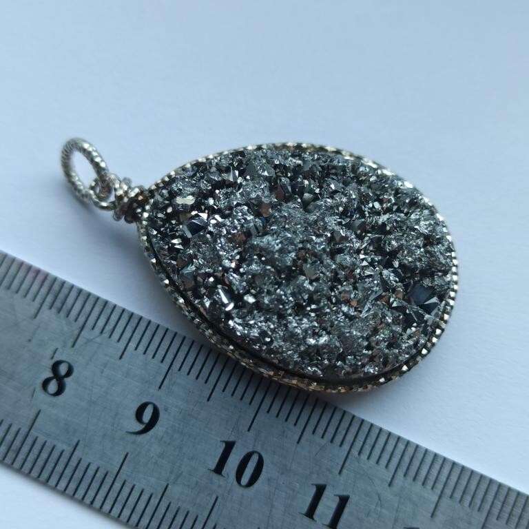 Pendentif Agate Druse Argent Sterling – 12,94g, Naturel, Blanc Et Noir, Neuf Sans Emballage