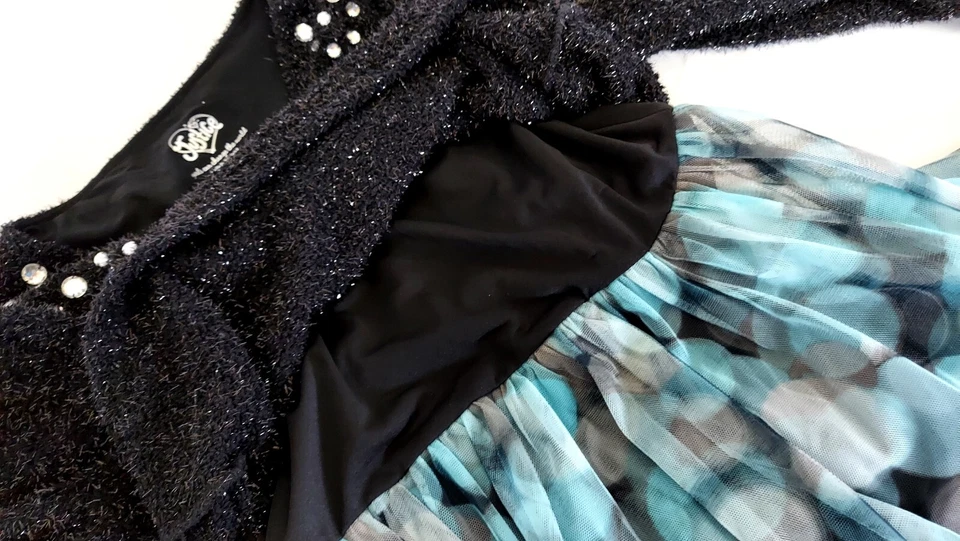 JUSTICE Girl Dress Size 16 Black Top Blue Mesh Overlay Embellish skirt - Image 4 of 4