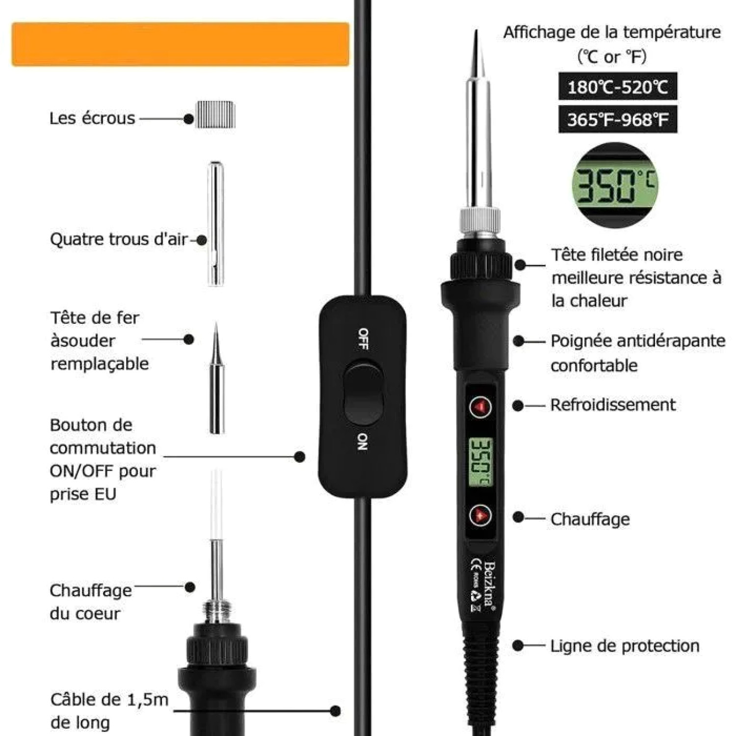 Fer à souder réglable 180-520°C à chauffe rapide avec LCD