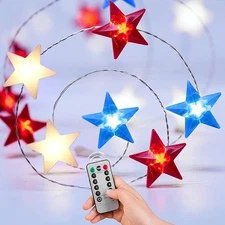Minetom 4th of July Decorations 11 FT 30 LED Red White and Blue Lights Battery O