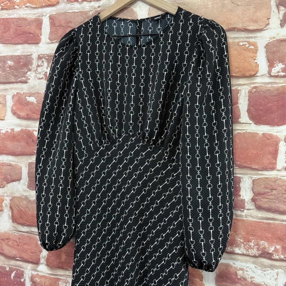 Vestido Express Mujer Mediano Negro Blanco Manga Larga Geométrico Abstracto Popover Foto 3 de 4