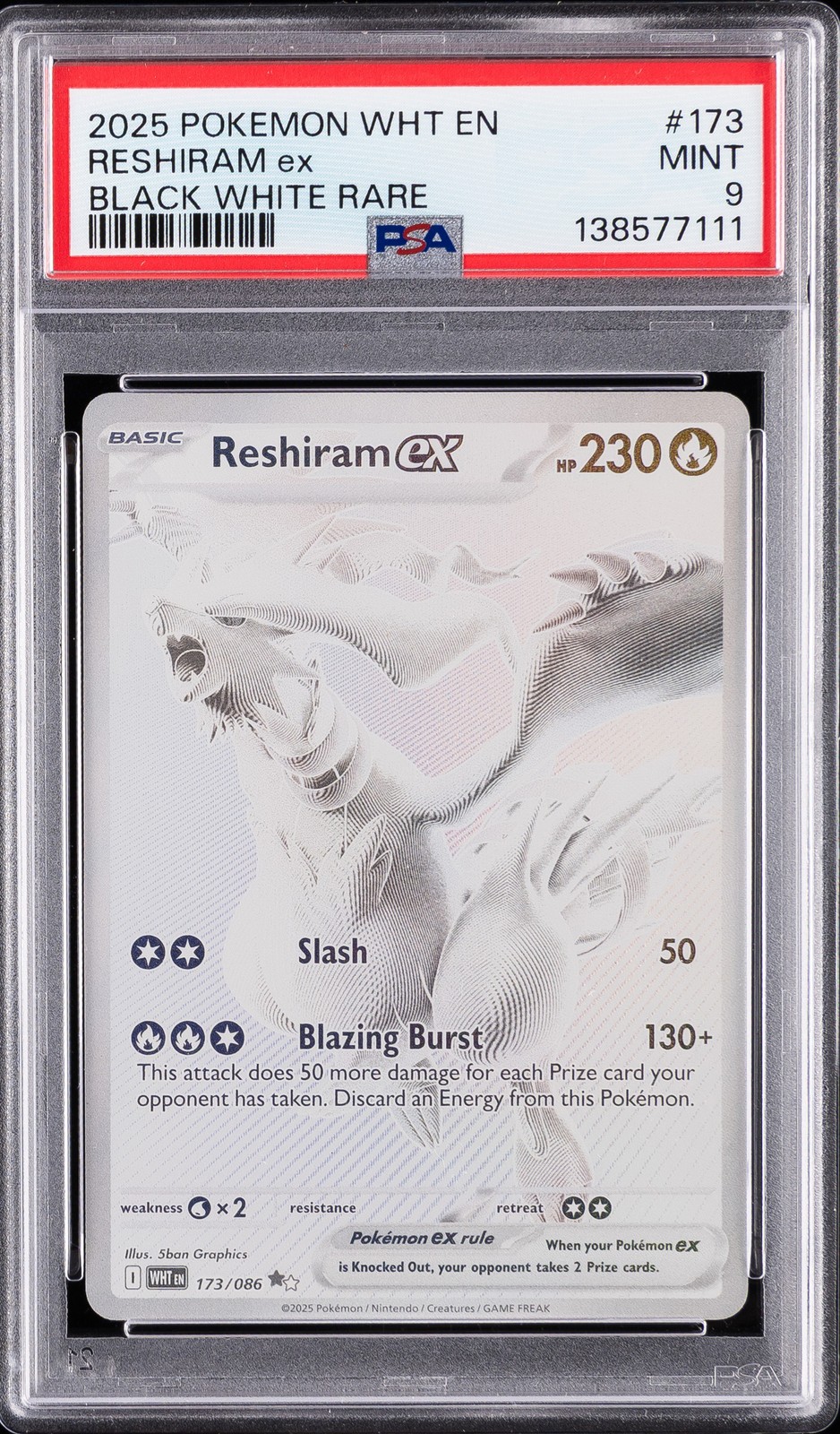2025 POKEMON WHT EN-WHITE FLARE BLACK WHITE RARE #173 RESHIRAM EX PSA 9