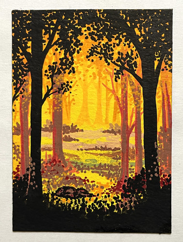 ACEO Original Abstract Landscape Silhouette Trees Mini Art Painting by Annibbie