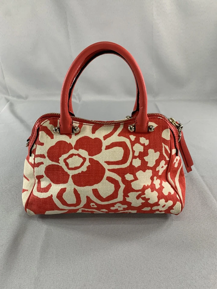 Kate Spade New York Floral Canvas Satchel Purse Womens Red White Leather Trim - Image 3 of 4