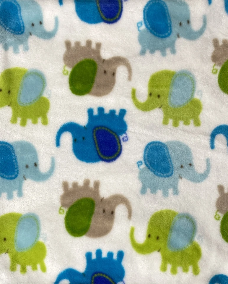 Blankets and Beyond Baby Blanket Green Blue Tan Elephants White Fleece Lovey - Image 4 of 4