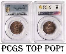 i-650474 Finland 5 Pennia 1898. PCGS MS 64 RB. TOP POP