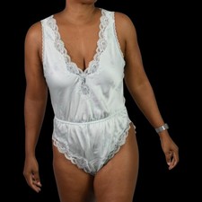 Vintage Miss Elaine Teddy Green Pastel Floral Bodysuit High Cut Romper USA Small