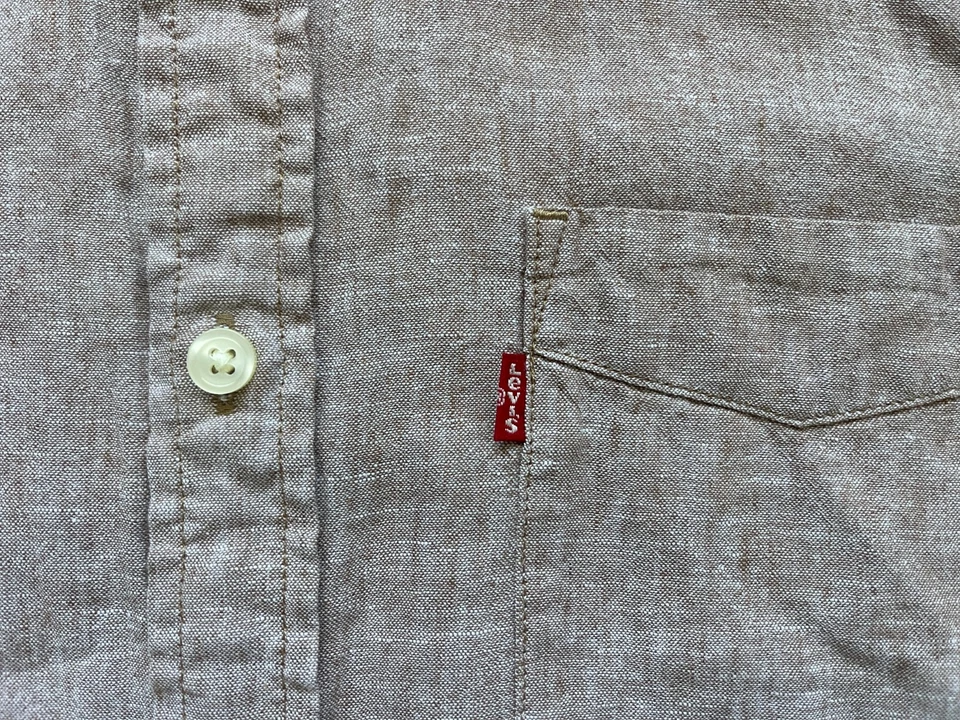Camisa Levis Para Hombre Pequeña Abotonada Lino Algodón Manga Corta Puesta de Sol Un Bolsillo Foto 2 de 4