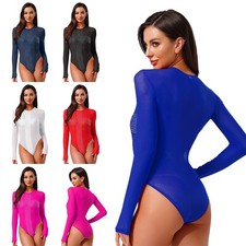 Women's Mesh Bodysuit Sparkle Rhinestone Leotard Top Buttoned Crotch Jumpsuit