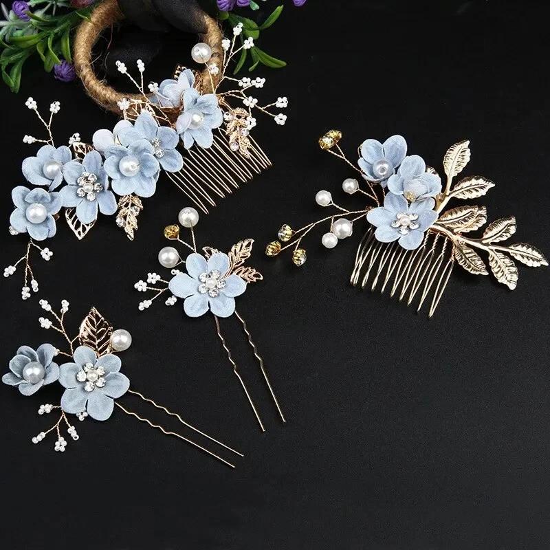 Blue Velvet Flower Bridal Hair Comb, Wedding Blue Floral Gold Wire Hairpins - Image 4 of 4