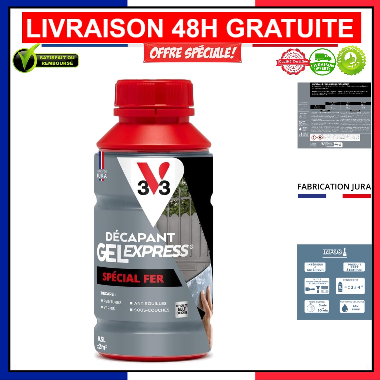 Décapant gel express spécial fer V33 élimine peinture et rouille 0,5L