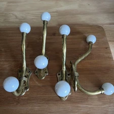 Brass And Porcelain Knob Vtg Victorian Taiwan 6” Hat Coat Hook General Store