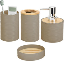4 Piece Bamboo Bathroom Accessories Set, Boho Bathroom Decor, Beige