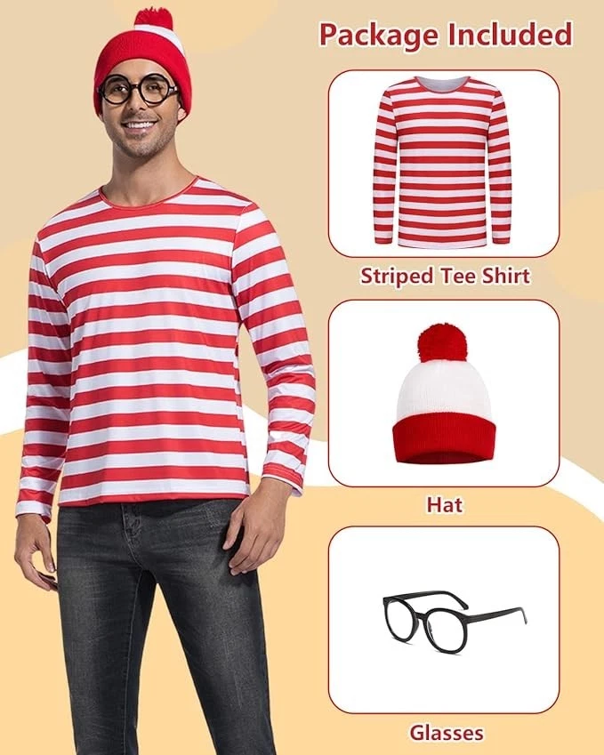 Where’s Waldo Estilo Disfraz Hombres Rojo Blanco Rayas Camisa Sombrero Gafas Adulto (XXL) Foto 2 de 4