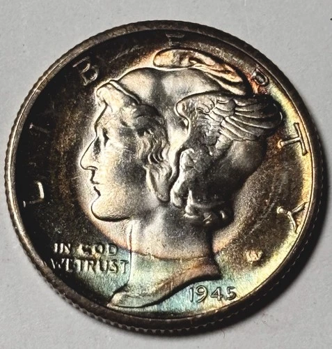 1945 D Mercury Dime - GEM BU + FB Toned - 90% Silver Winged Liberty 10C