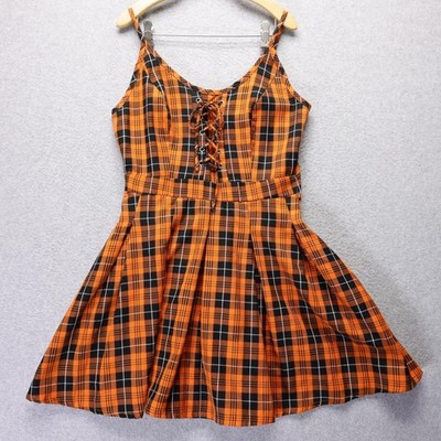 Hot Topic Dress Womens M Orange Black Halloween Plaid Lace-Up Skater Fit & Flare