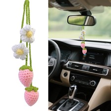 2PCS Crochet Strawberry and Flower Car Rear View Mirror Hanging Accessories, Cut