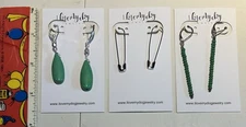 Lot 3 PAir Green Turquoise Earrings Silver Safety Pins Green Bead I  Love My Dog