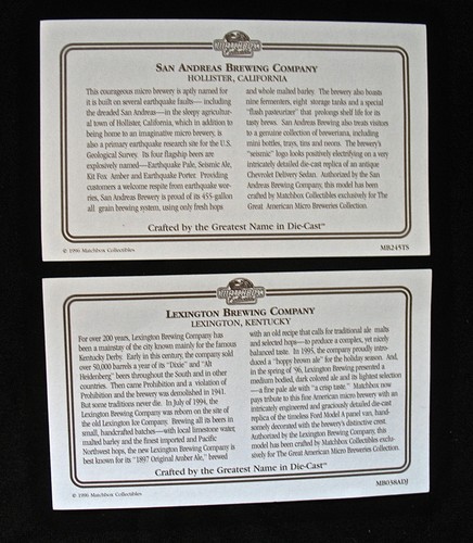 Matchbox Collectible Brewery Cars-SAN ANDREAS & LEXINGTON Brewing Company-COA - Picture 6 of 7