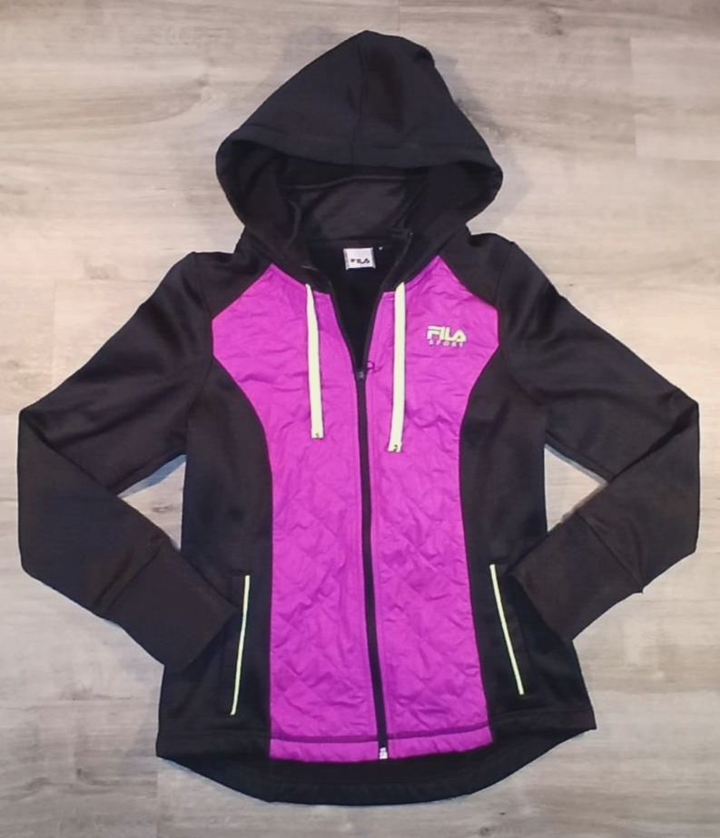 Giacca donna Fila Sport in pile e zip trapuntata nero fucsia taglia XS #1162