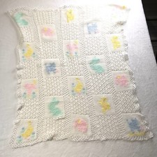 Vintage Crocheted Baby Blanket White With Pastel Animals Duck Bunny Cat Elephant