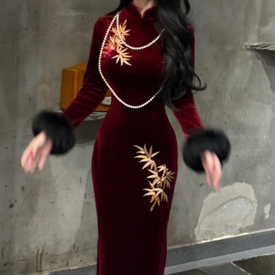 evening dress with fur Luxury Evening Dress Red Fur main image 1