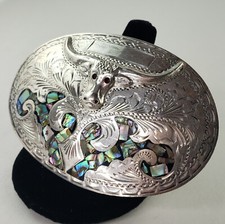 Sterling Silver Belt Buckle Longhorn Steer Mexico Abalone Inlay 43.2g 7457 