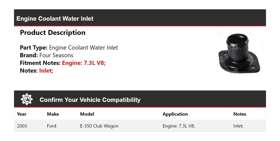 Ford E-350 Club Wagon 2003 motor V8 de 7,3 L entrada de agua refrigerante 4 estaciones Foto 2 de 4