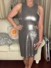 Halston Heritage Pewter Silver SEQUIN Cut Out Dress- size 10