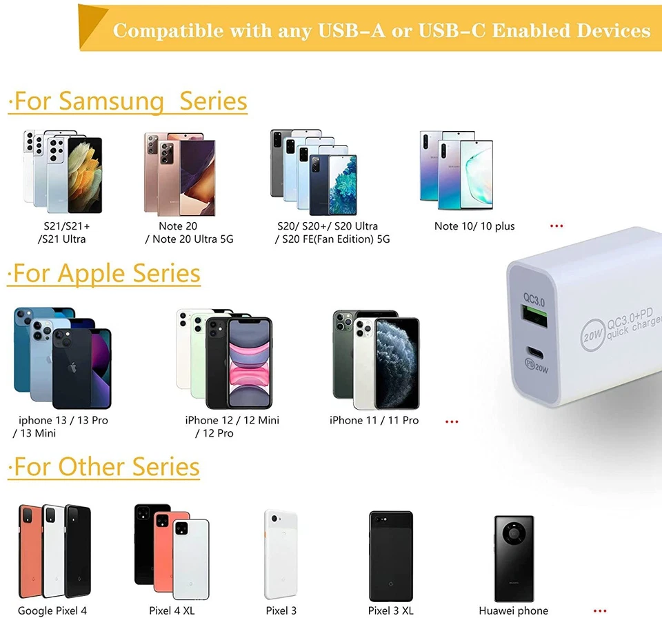 Lote de 20W plugue carregador USB C porta dupla bloco de carregamento rápido + tijolo USB A para iPhone - Imagem 2 de 4