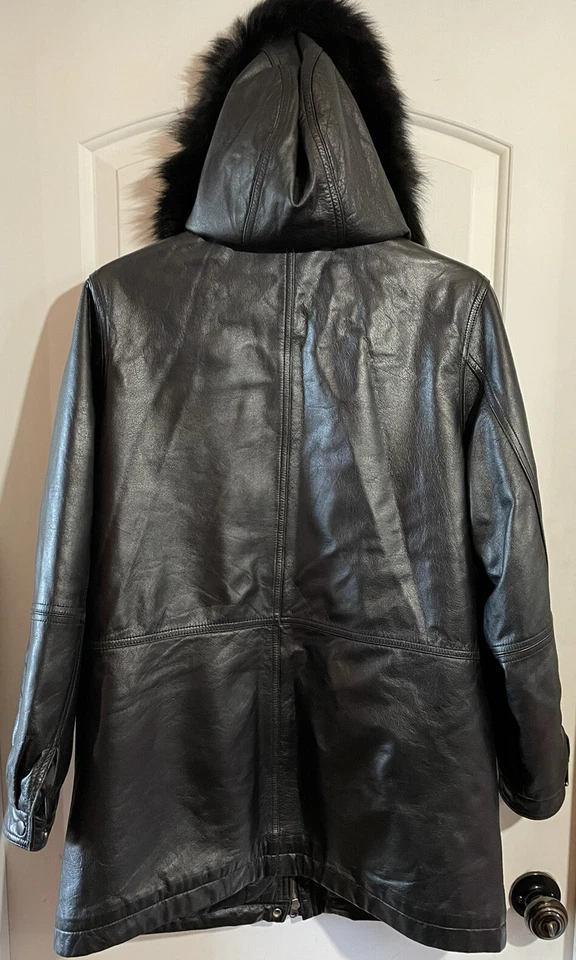 Casaco Parka Vintage Field Gear Feminino Couro Preto com Zíper Acabamento de Pele de Raposa M - Imagem 3 de 4